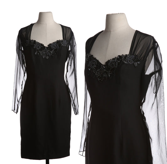 90s Women's Black Evening Dress with Sheer Sleeves