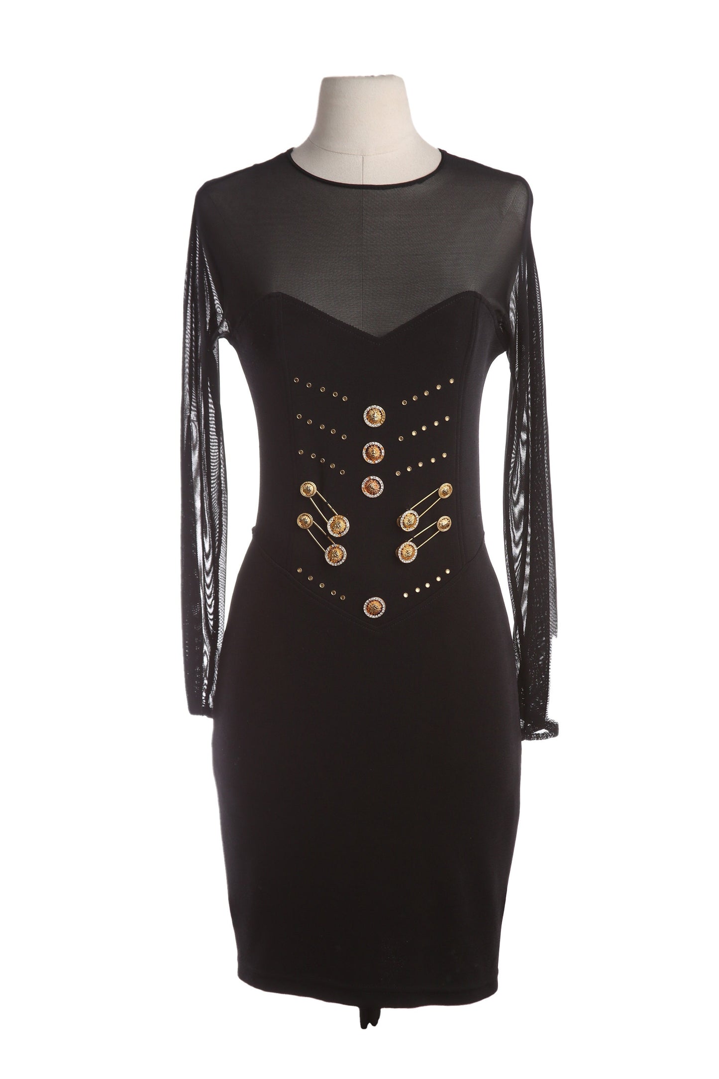 90s Black Evening Dress with Golden Button Front Details
