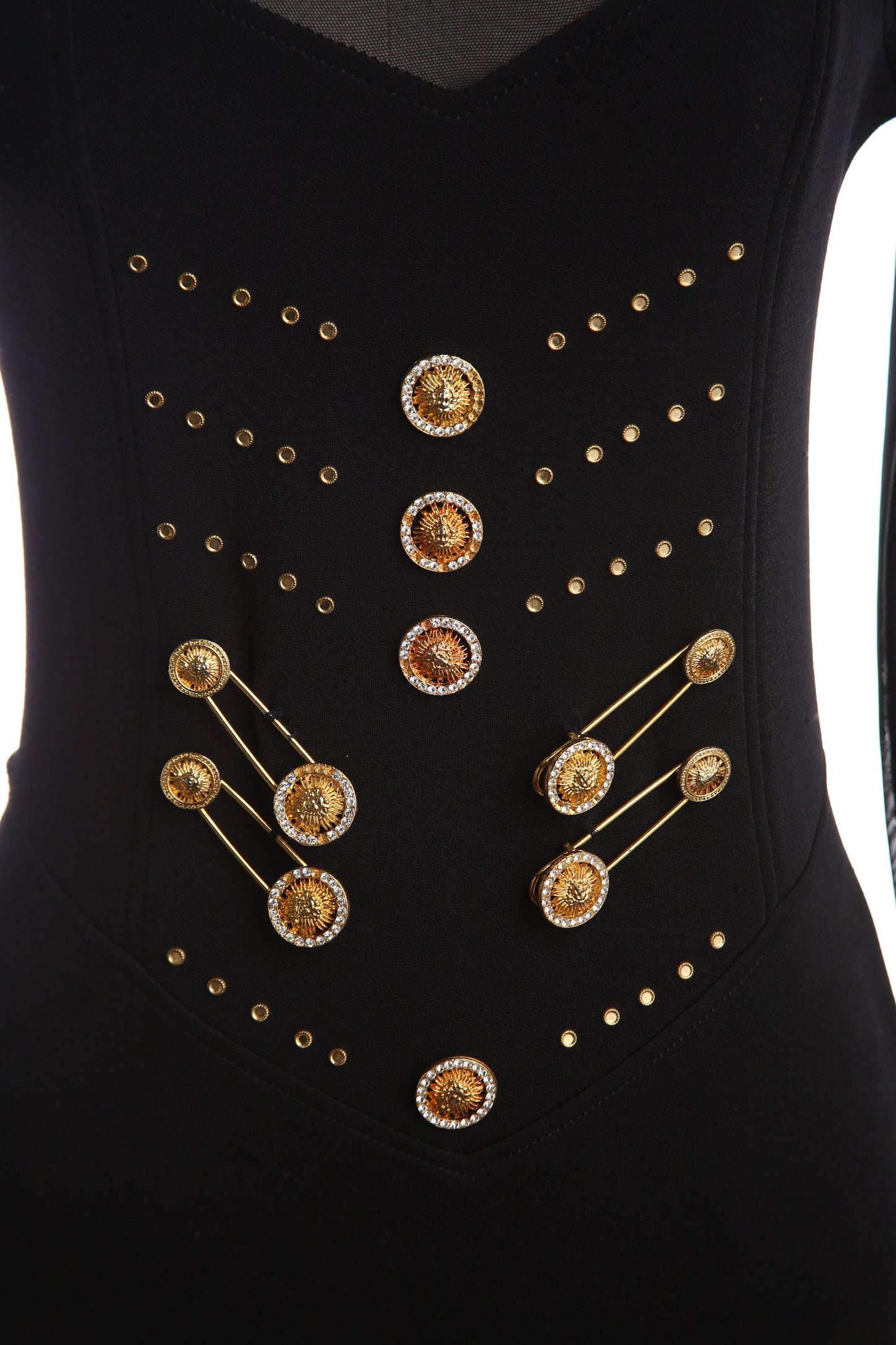 90s Black Evening Dress with Golden Button Front Details