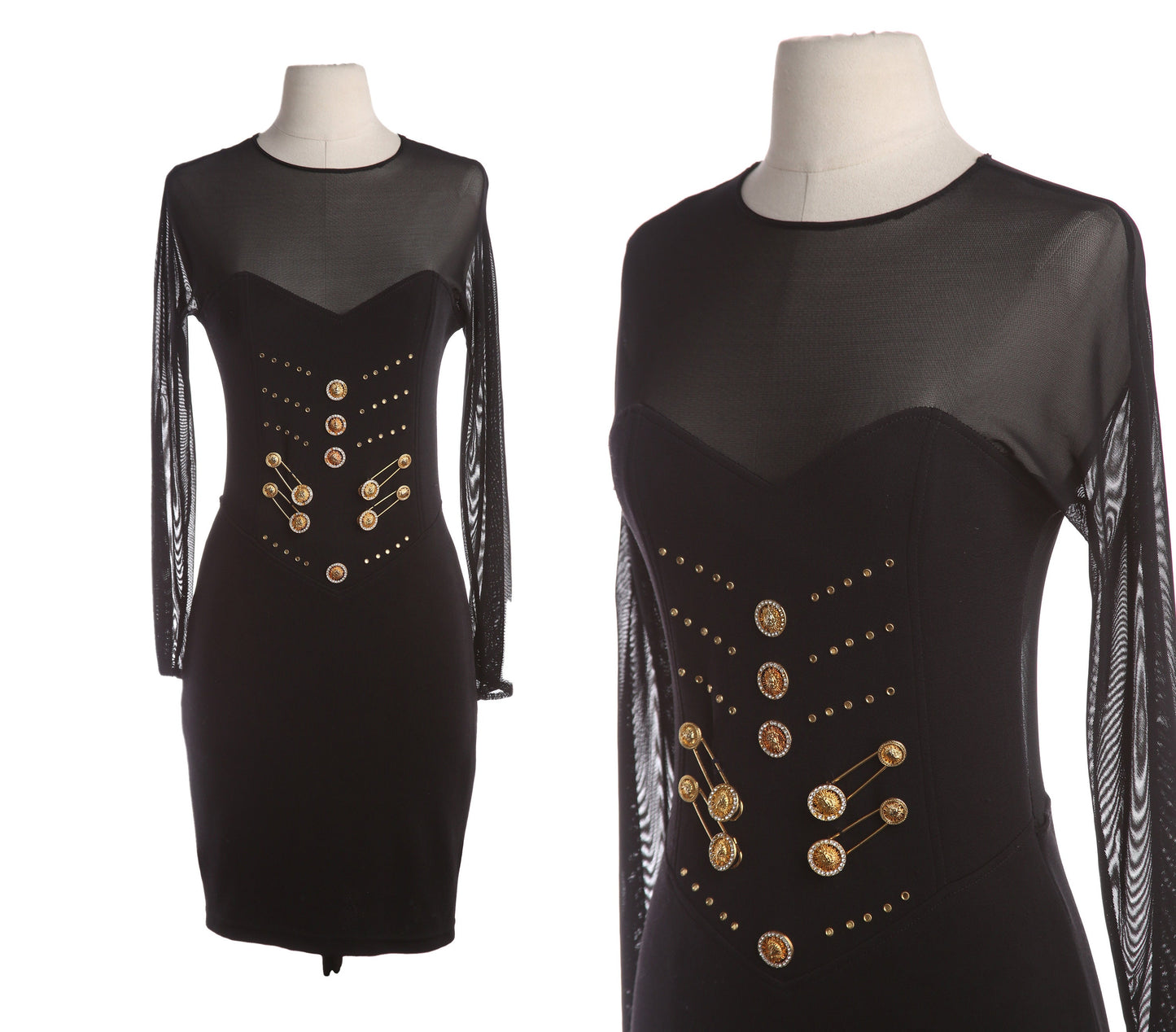 90s Black Evening Dress with Golden Button Front Details