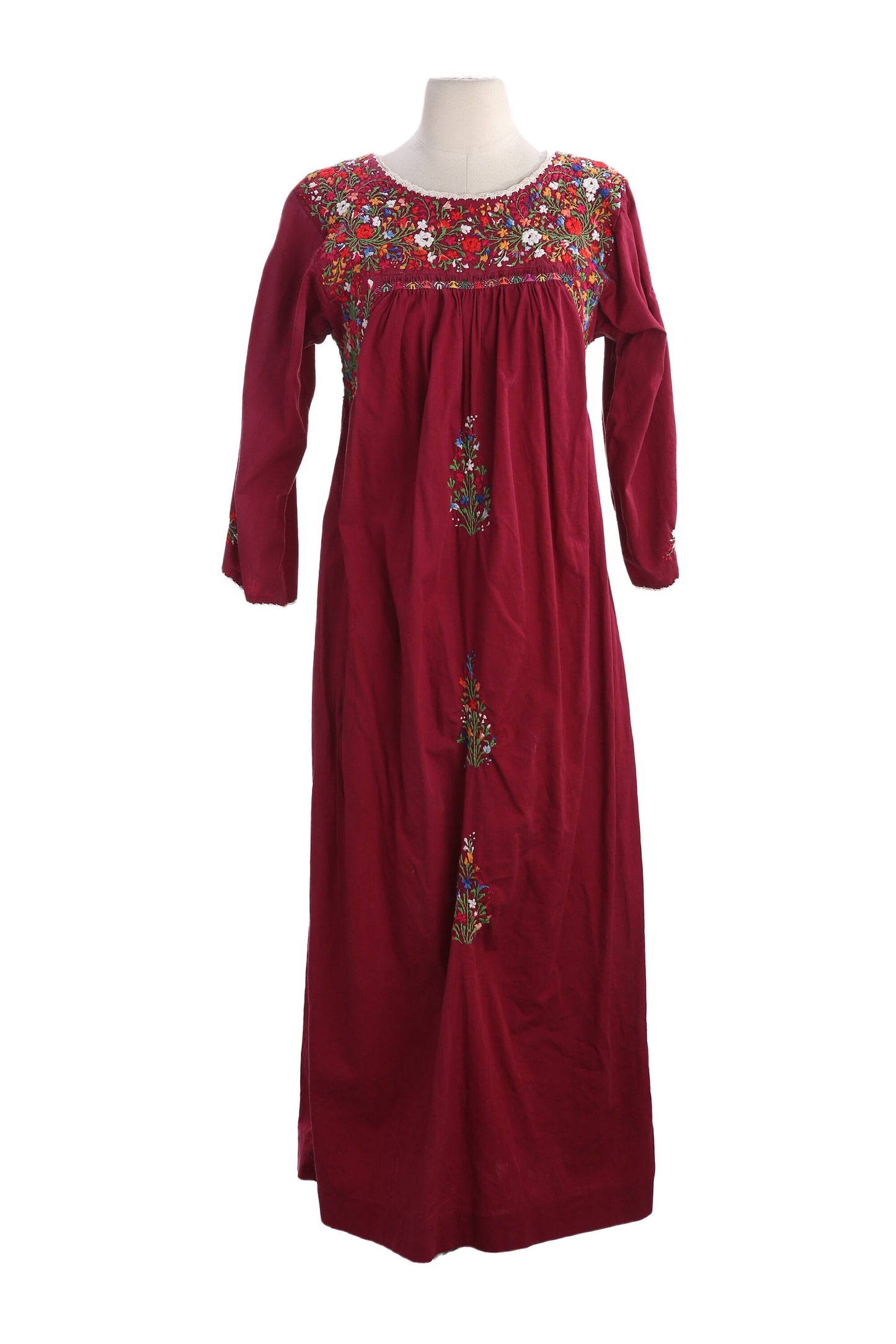 Vintage Women's Red Floral Embroidered Long Sleeve Ethnic Dress by Vagabond Imports Handmade in Mexico