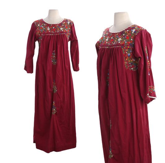 Vintage Women's Red Floral Embroidered Long Sleeve Ethnic Dress by Vagabond Imports Handmade in Mexico