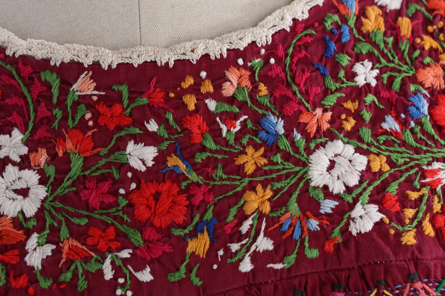 Vintage Women's Red Floral Embroidered Long Sleeve Ethnic Dress by Vagabond Imports Handmade in Mexico