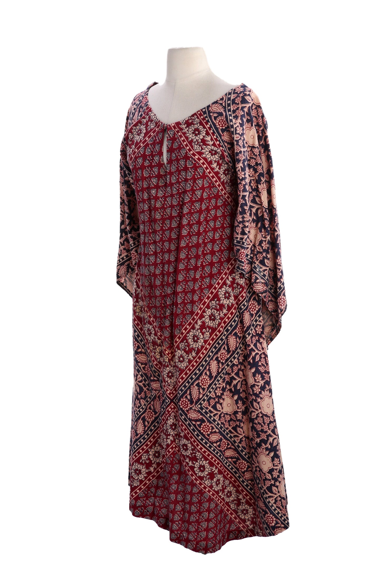 Vintage Women's Floral Block Print Bohemian Red Long Sleeve Dress A Line Shape - Estimated Era 1970's - 1980's