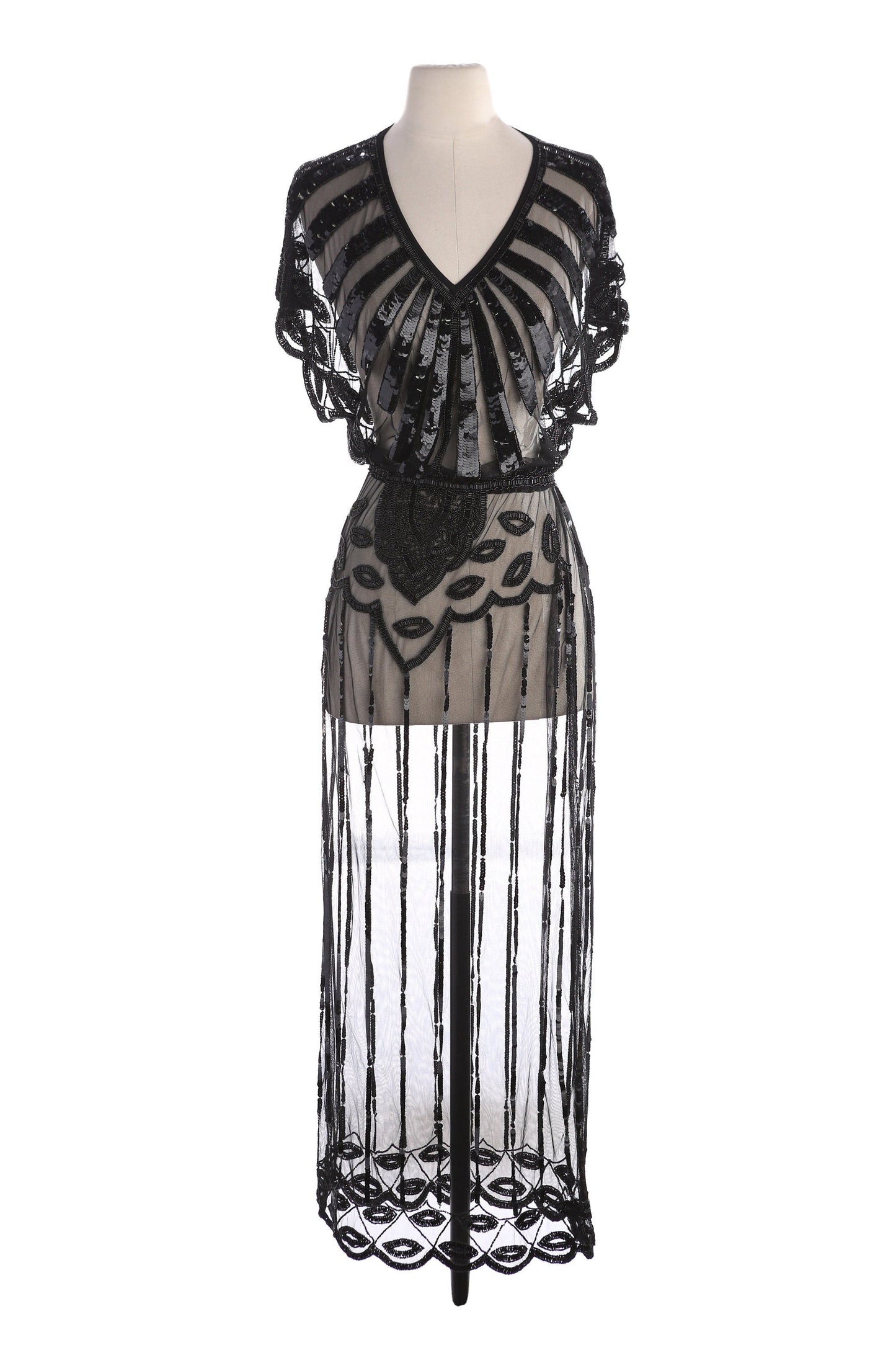 Women Black Sheer Sequin Long Sleeveless Evening Dress Estimated Era 1990's - Y2K