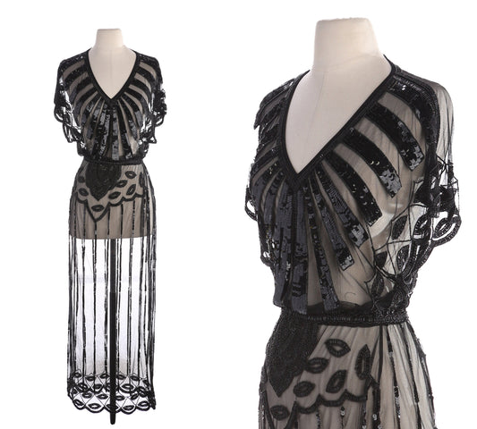 Women Black Sheer Sequin Long Sleeveless Evening Dress Estimated Era 1990's - Y2K
