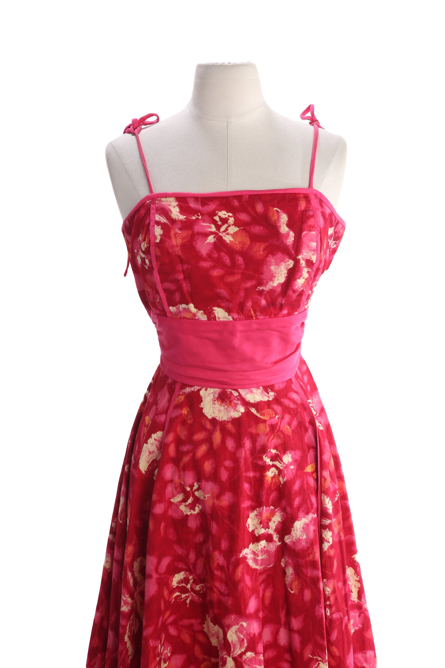 Vintage Hawaiian Dress - Red Floral Print - Estimated Era 1940's - 1950's