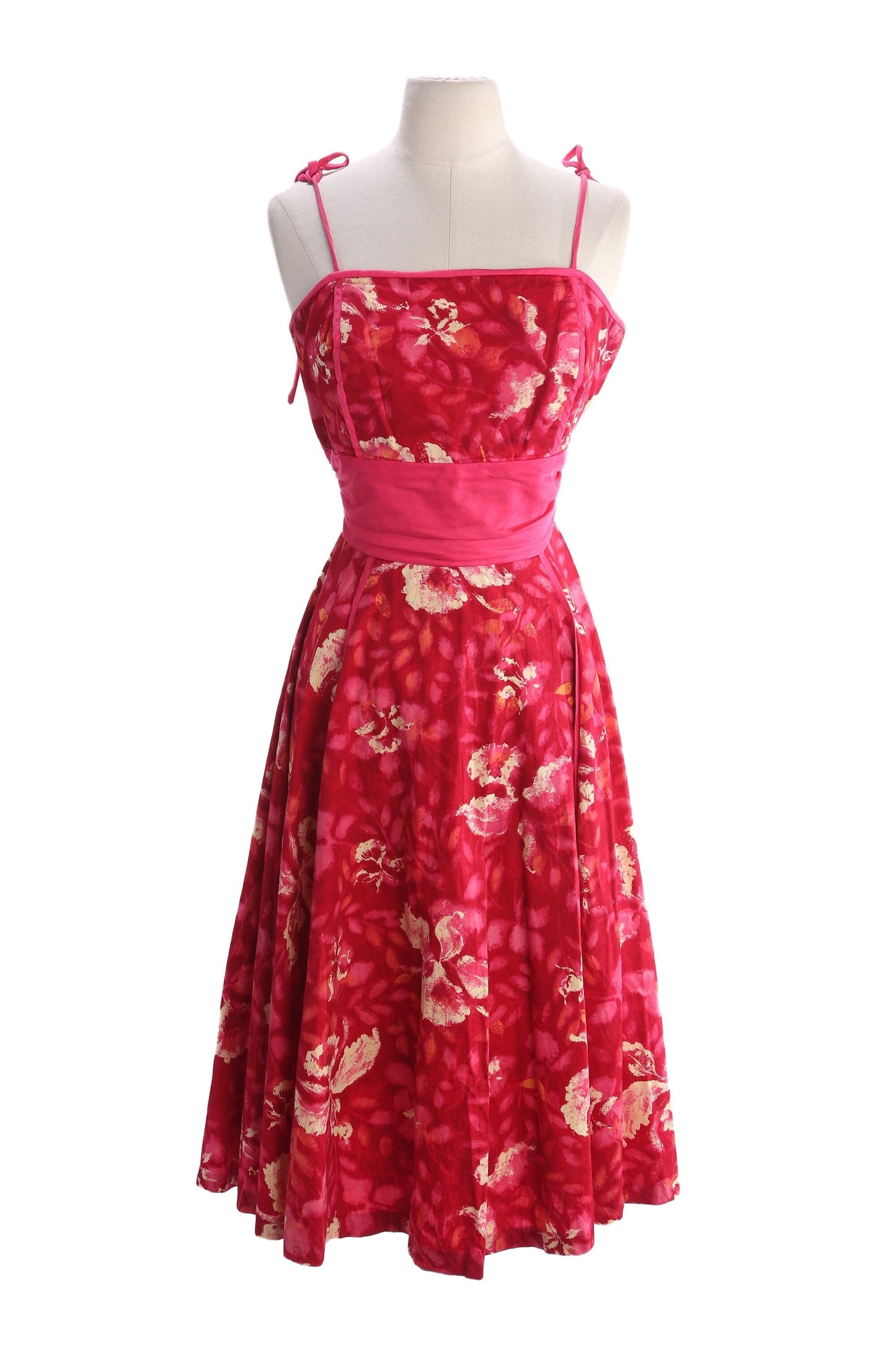 Vintage Hawaiian Dress - Red Floral Print - Estimated Era 1940's - 1950's