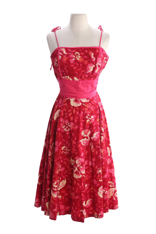 Vintage Hawaiian Dress - Red Floral Print - Estimated Era 1940's - 1950's