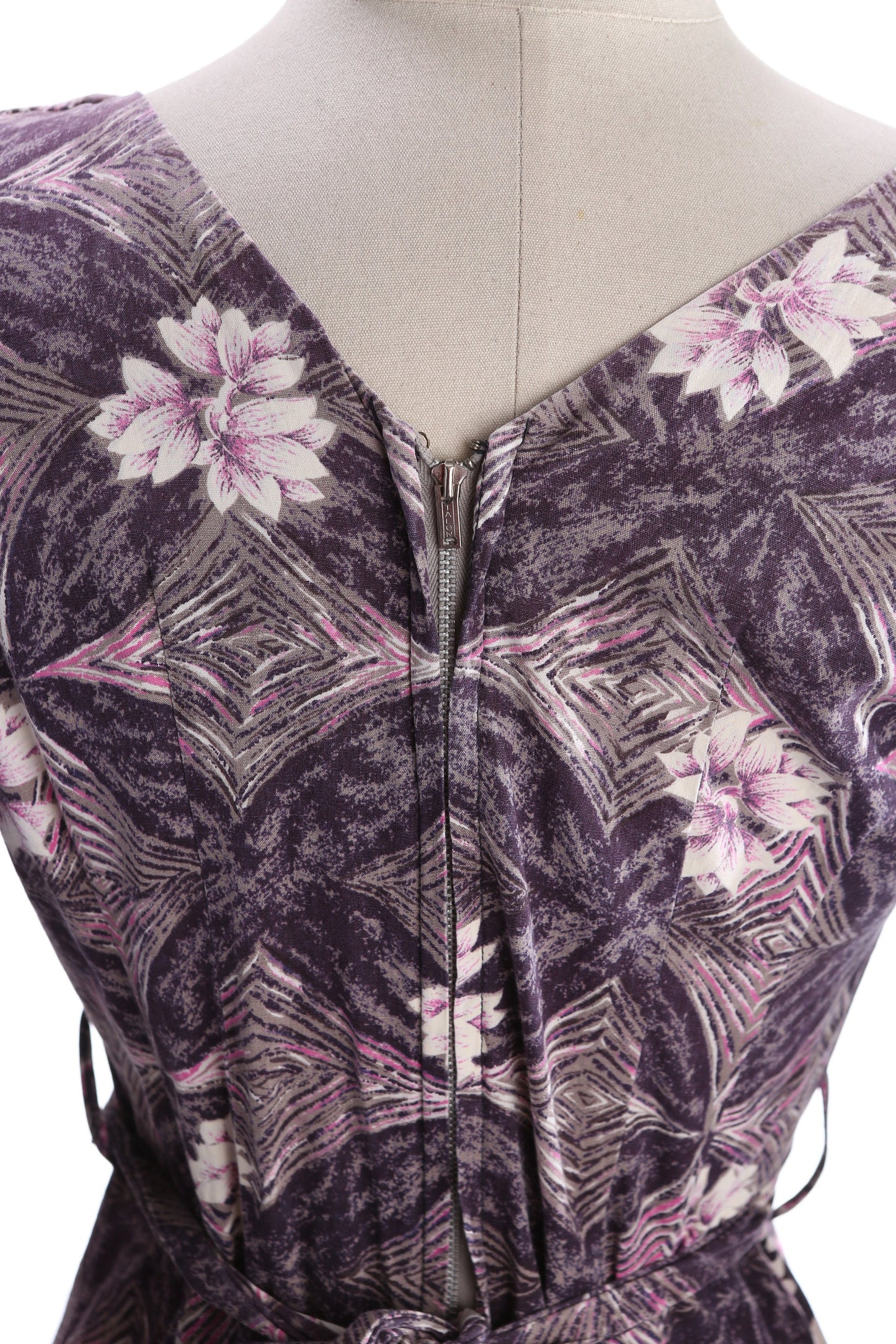 Vintage Hawaiian Dress Long Floral Purple Print Half Long Sleeve Estimated Era 1940's - 1950's