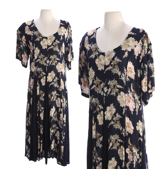 90s Floral Print Black Maxi Rayon Dress by Nostalgia Made in India 100% Rayon Vintage Size Small