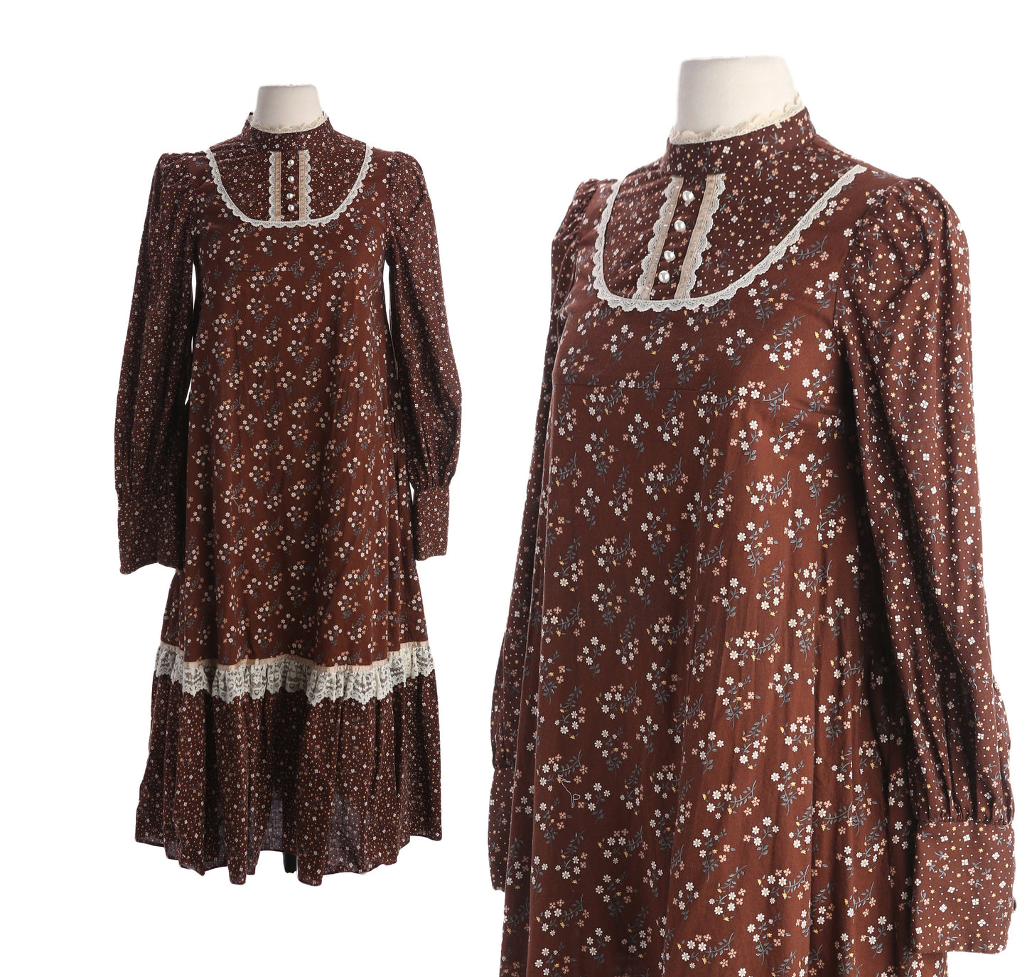 Vintage Gunne Sax Floral Print Brown Blouson Dress Long Sleeve Estimated Era 1970's - 1980's
