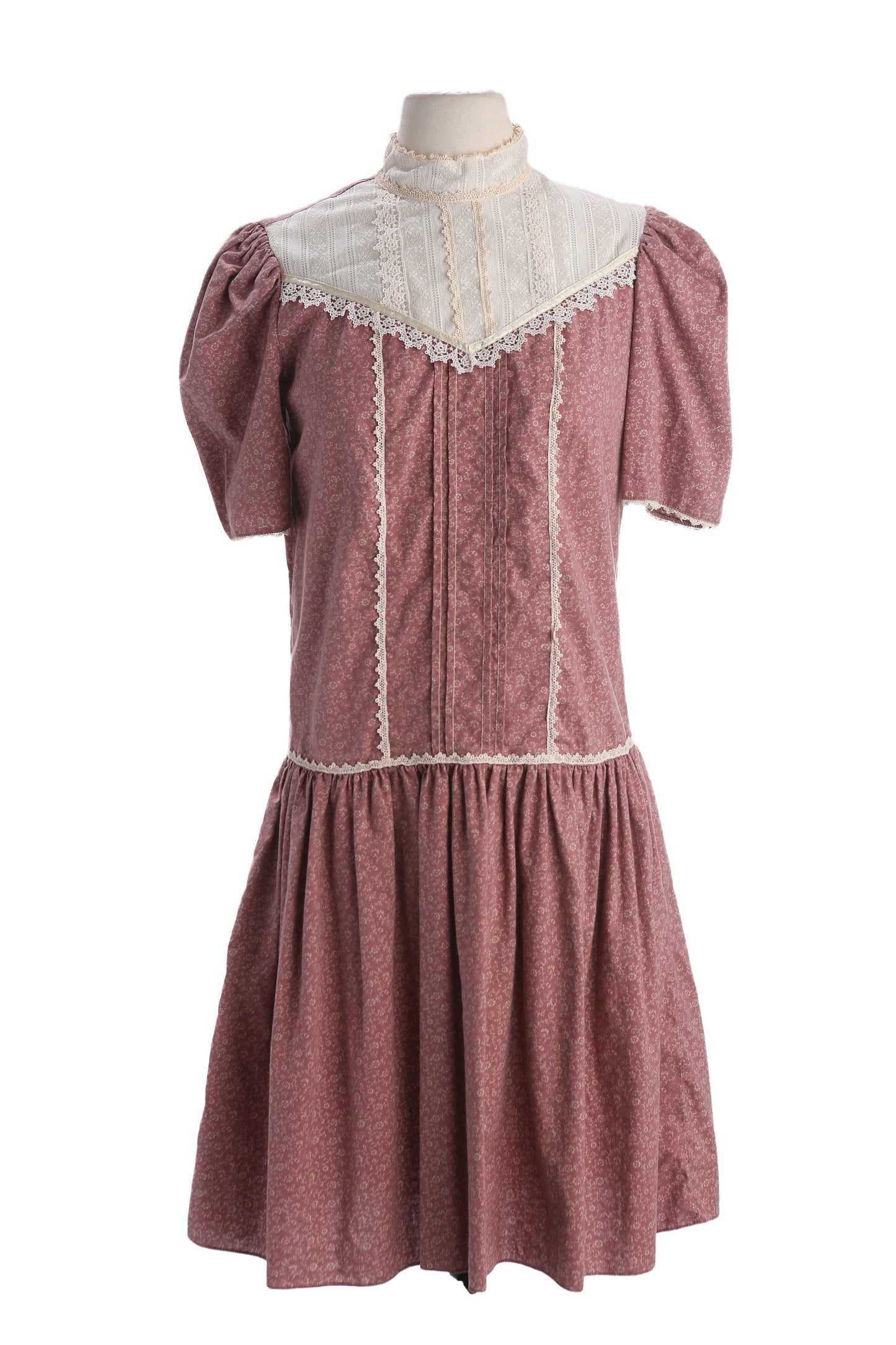 Vintage Woman's Floral Print Brown Casual Dress Short Sleeve White Lace Collar