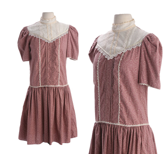 Vintage Woman's Floral Print Brown Casual Dress Short Sleeve White Lace Collar