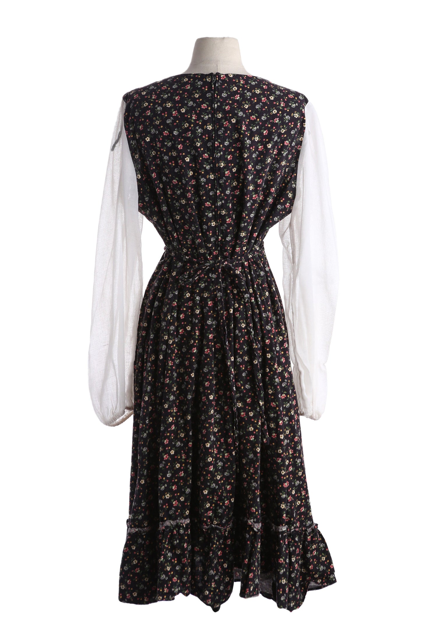 Vintage Floral Print Black Prairie Dress Long White Sleeves