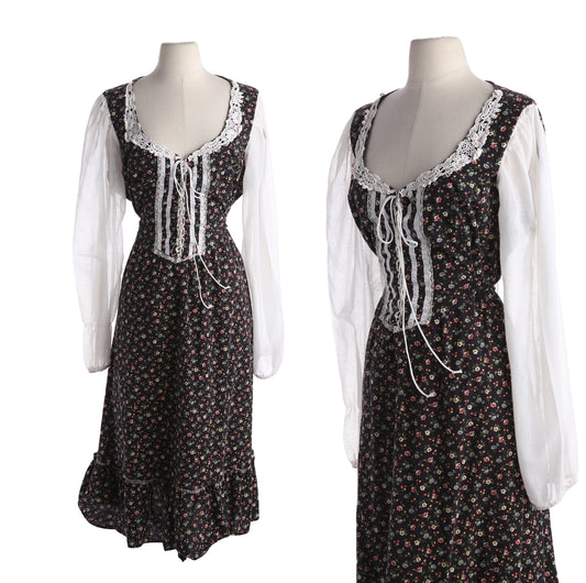 Vintage Floral Print Black Prairie Dress Long White Sleeves