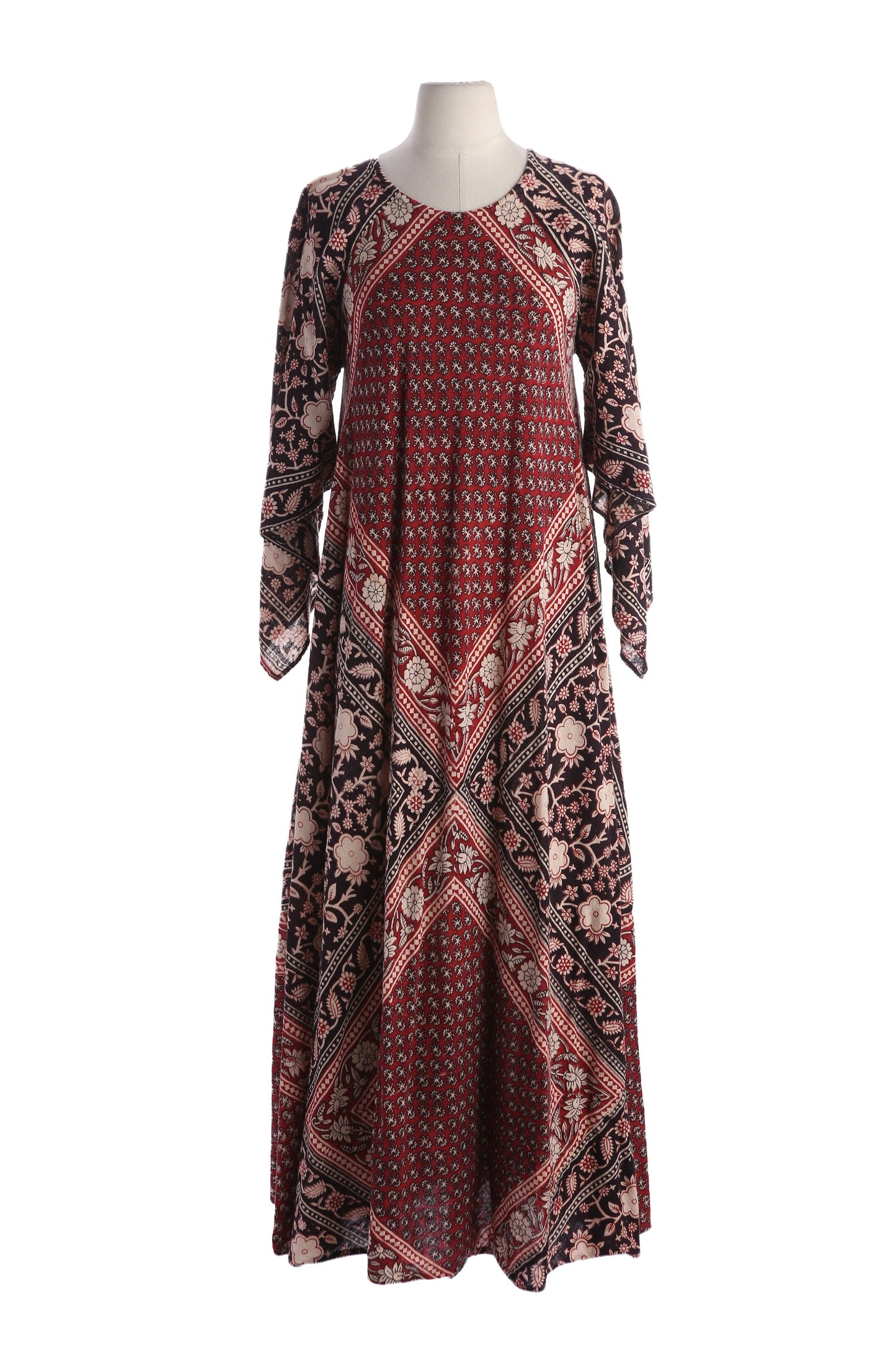 Vintage Block Print Bohemian Cotton Dress made in India by Adini - Estimated Era 1970's 1980's