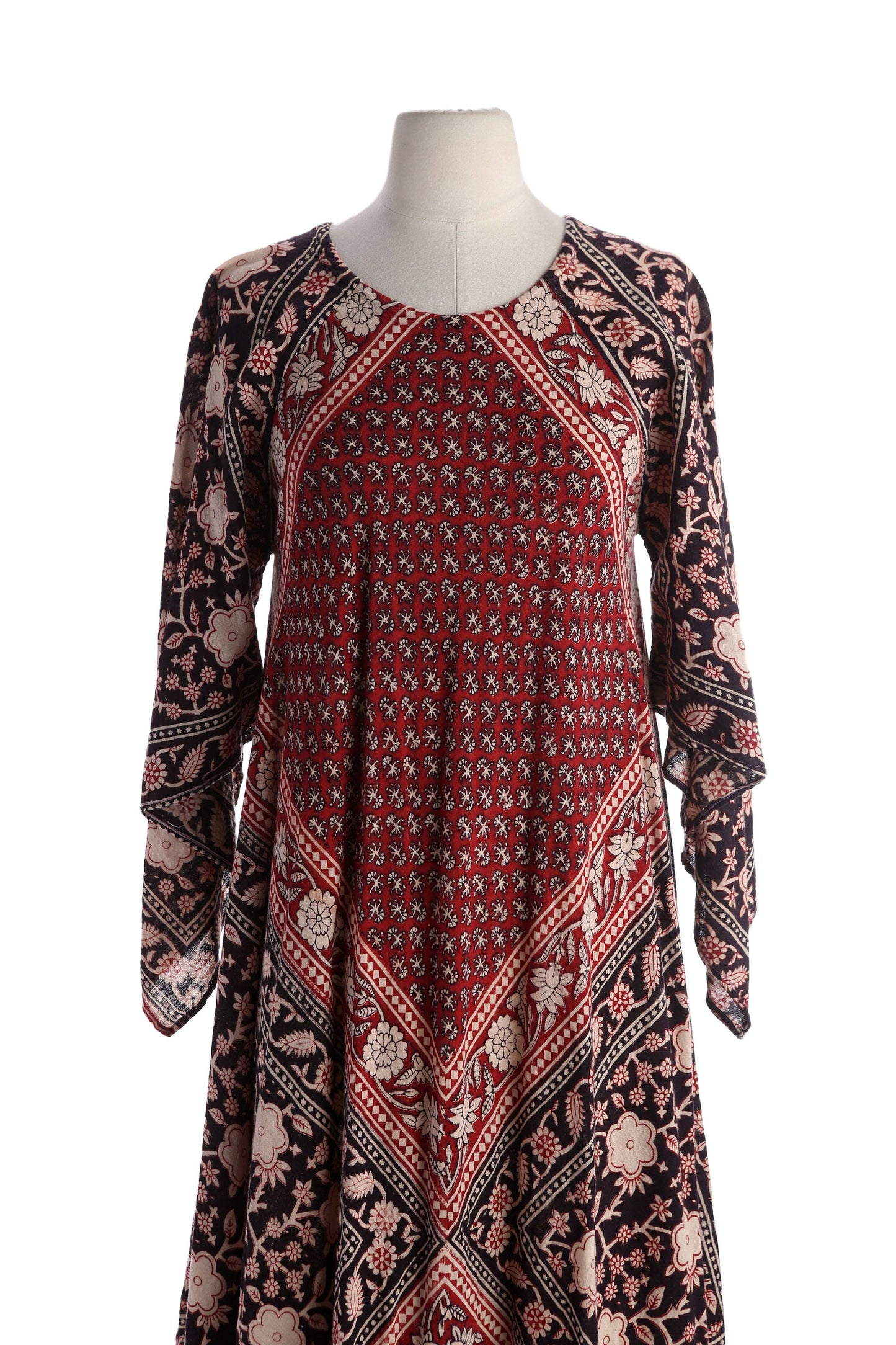 Vintage Block Print Bohemian Cotton Dress made in India by Adini - Estimated Era 1970's 1980's