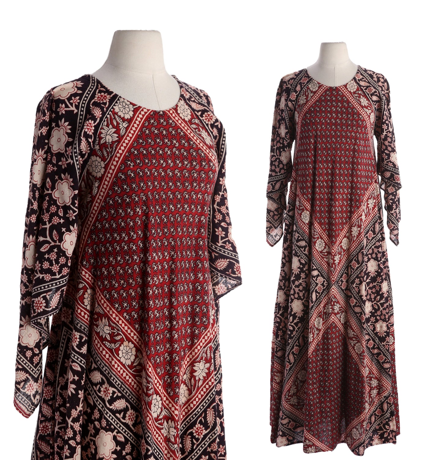 Vintage Block Print Bohemian Cotton Dress made in India by Adini - Estimated Era 1970's 1980's
