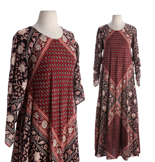 Vintage Block Print Bohemian Cotton Dress made in India by Adini - Estimated Era 1970's 1980's