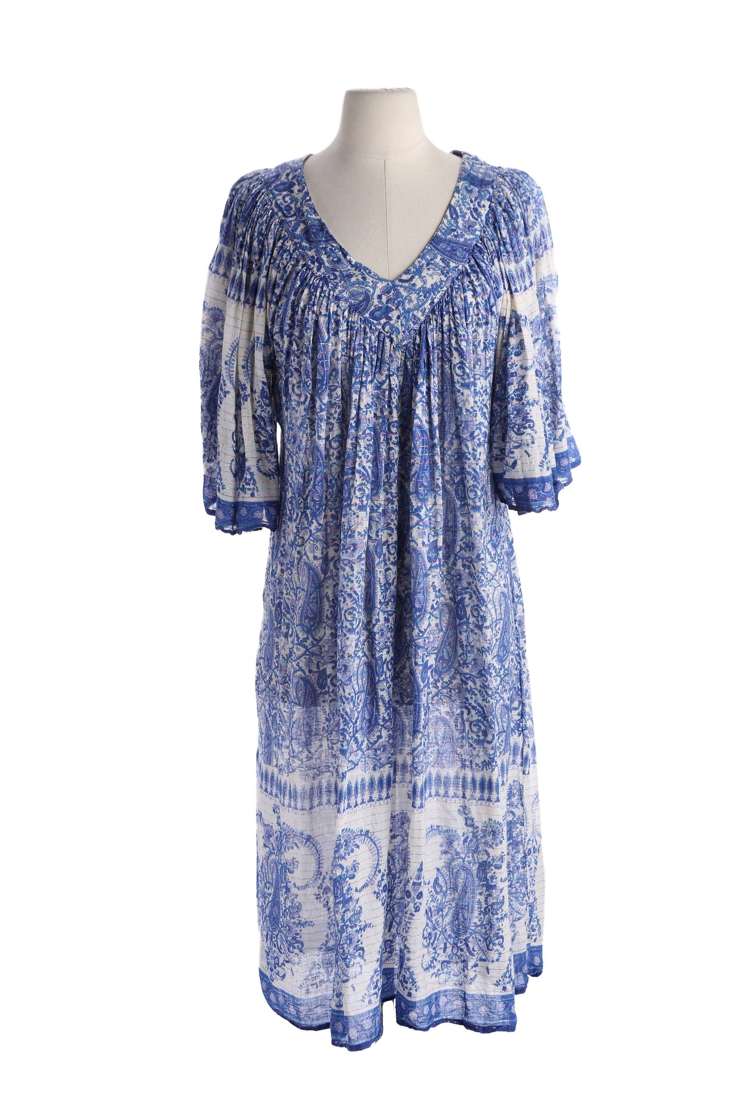 Vintage Paisley Block Print Blue Boho Blouson Dress