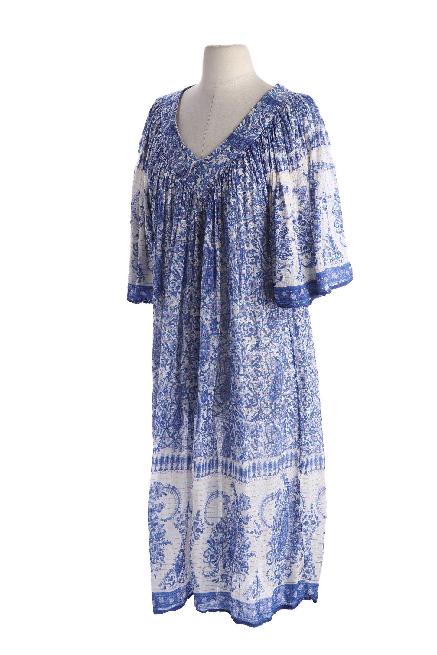 Vintage Paisley Block Print Blue Boho Blouson Dress