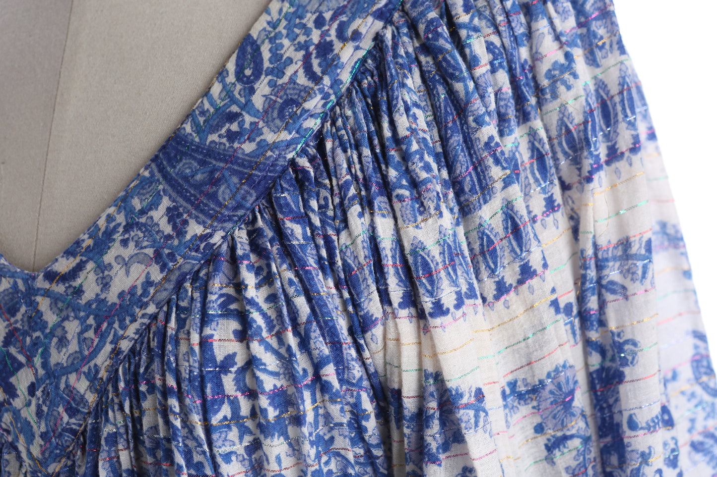 Vintage Paisley Block Print Blue Boho Blouson Dress