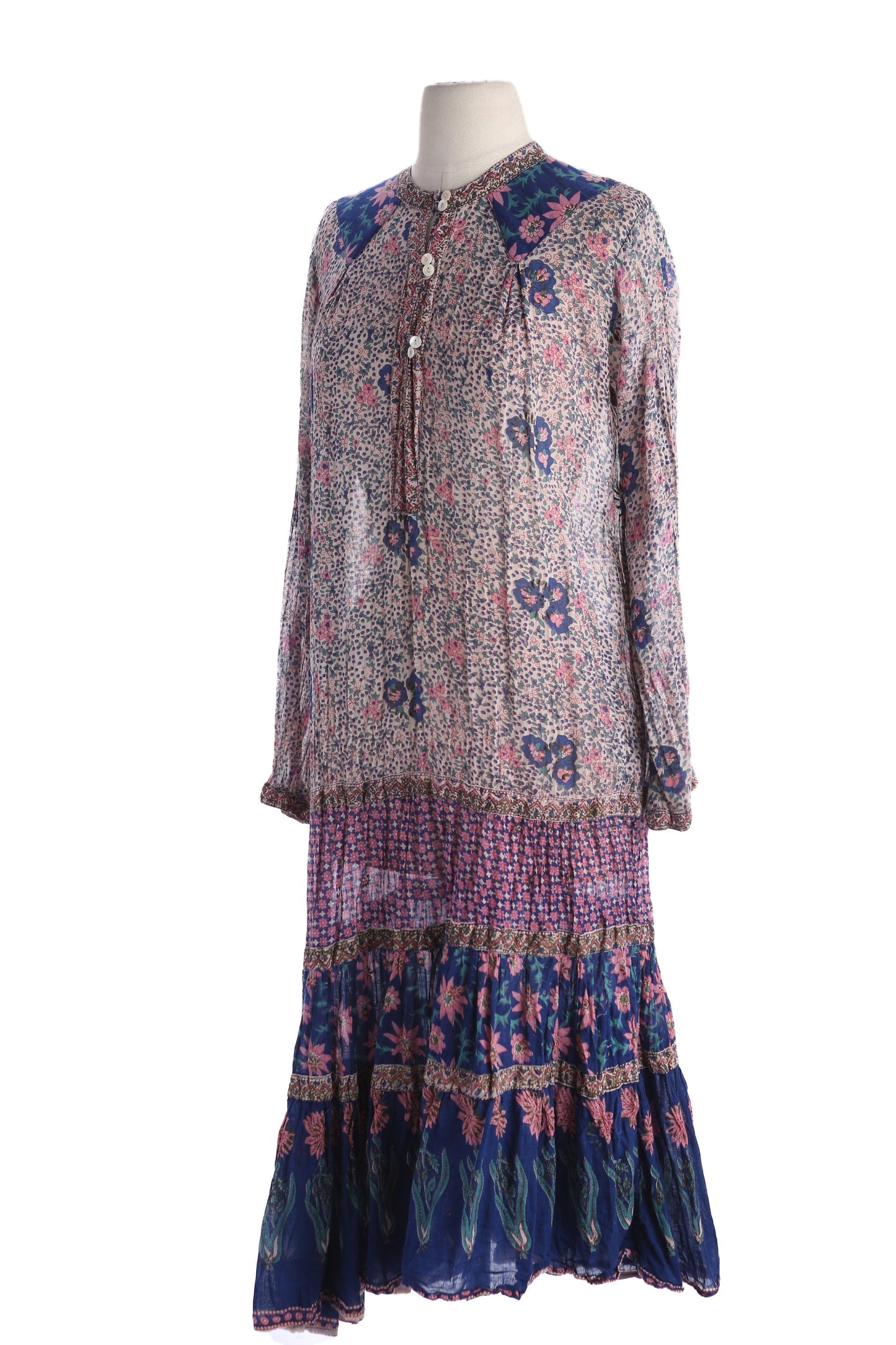 Vintage Boho Indian Dress with Floral Block Print Sheer Fabric Long Sleeve