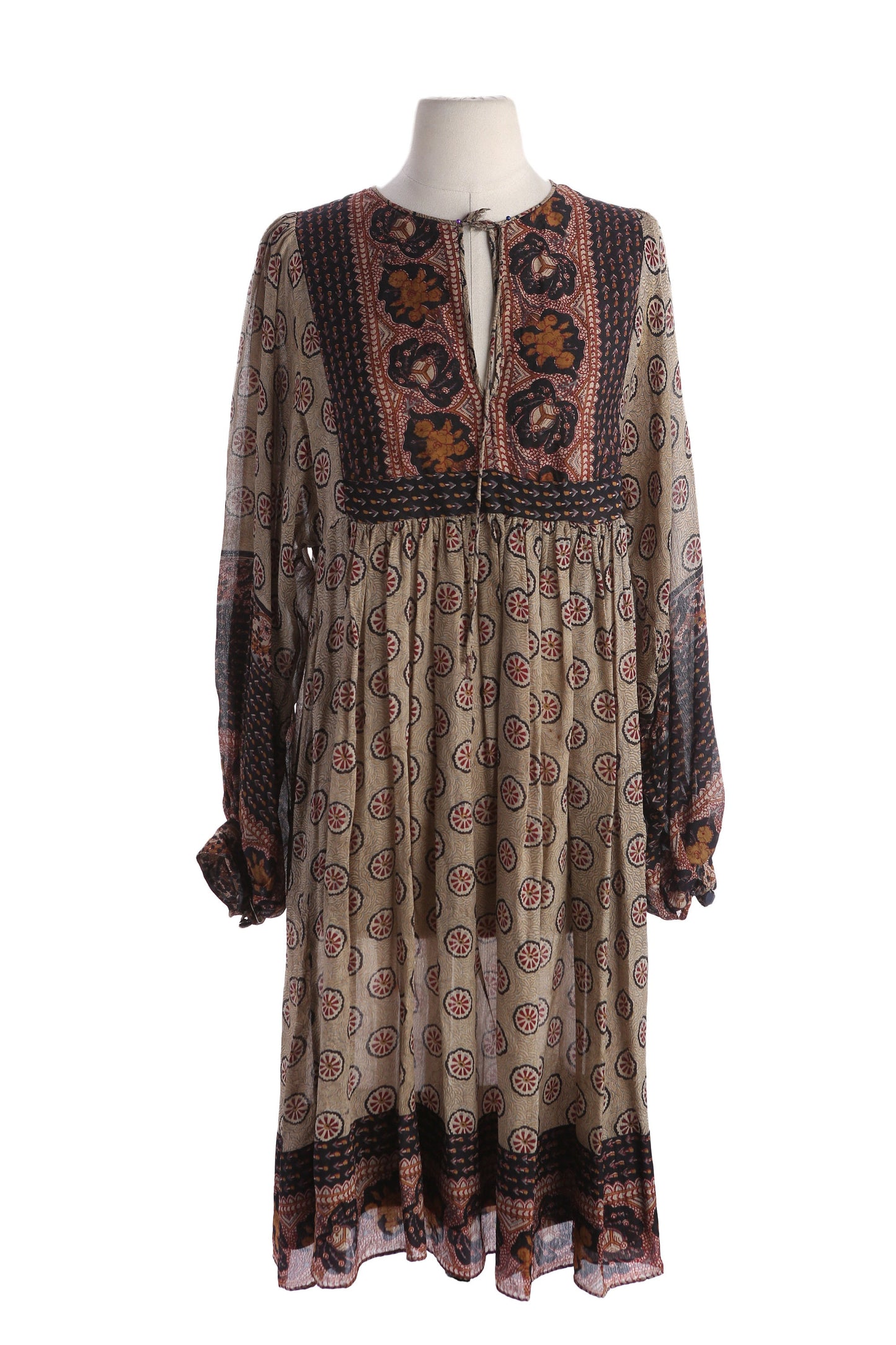 Vintage Women Silk Floral Hand Block Print Boho Dress by Phool - Estimated Era 1960's - 1970's
