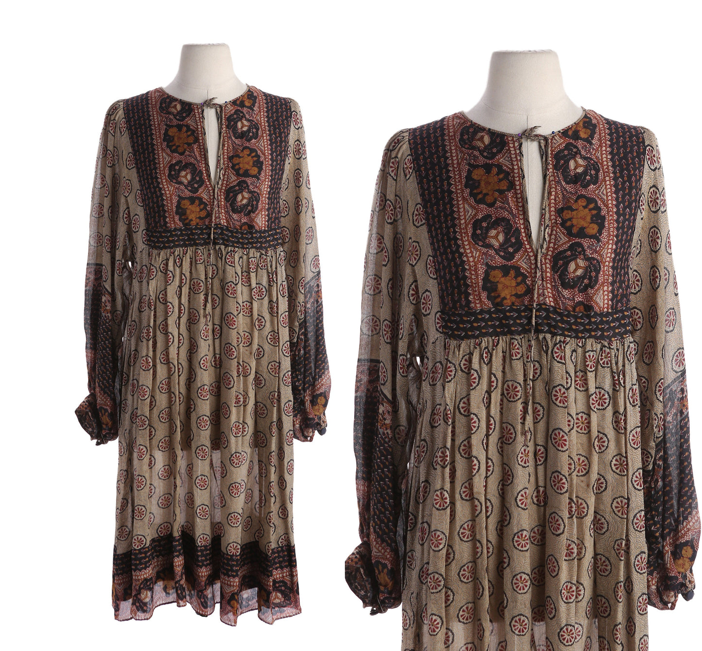 Vintage Women Silk Floral Hand Block Print Boho Dress by Phool - Estimated Era 1960's - 1970's