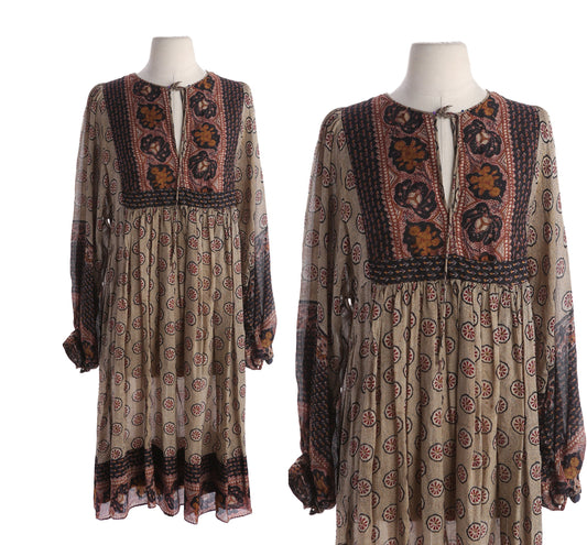 Vintage Women Silk Floral Hand Block Print Boho Dress by Phool - Estimated Era 1960's - 1970's