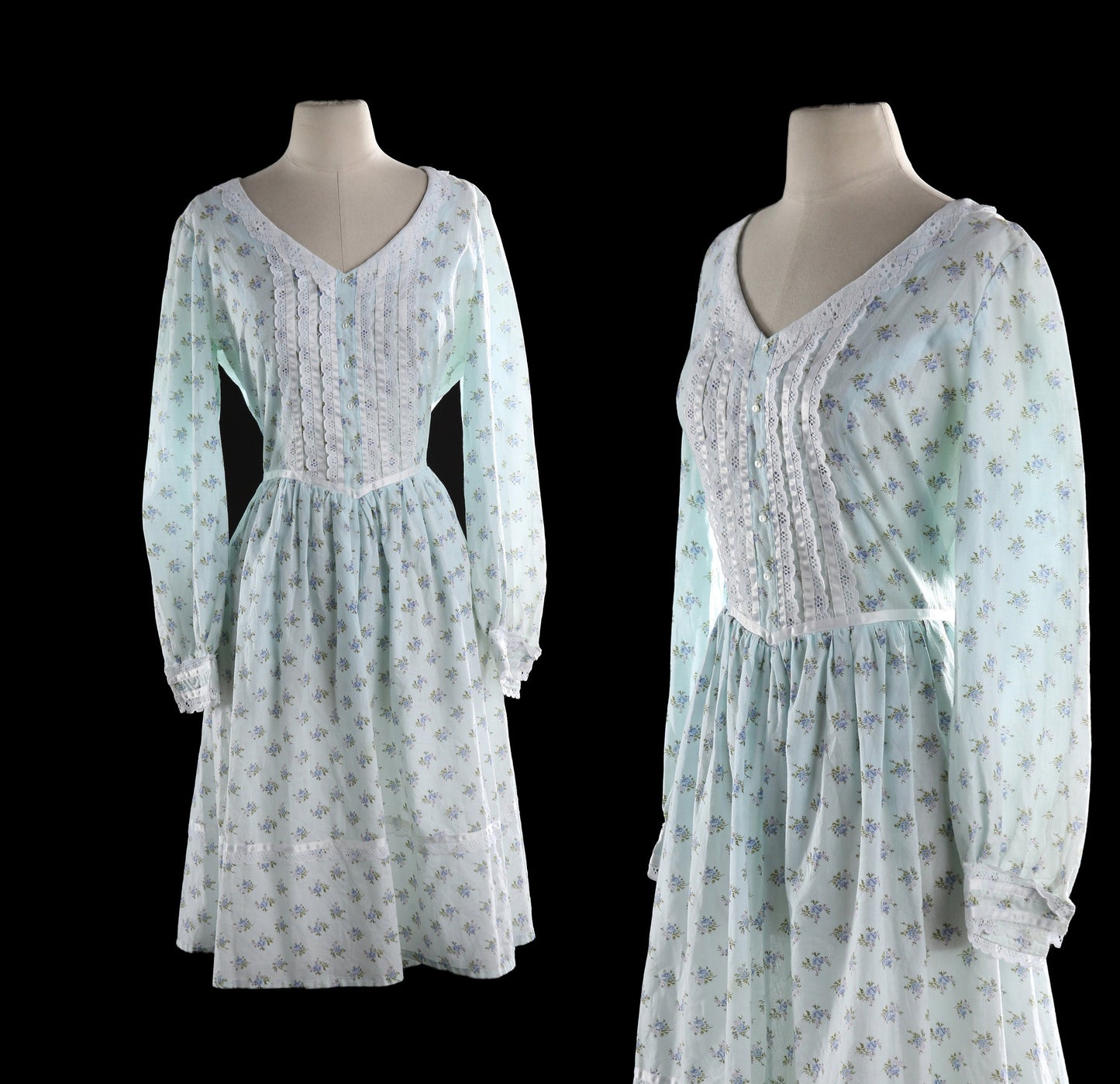 Vintage Prairie Dress with Blue Floral Print Pattern - Estimated Era 1970's - 1980's