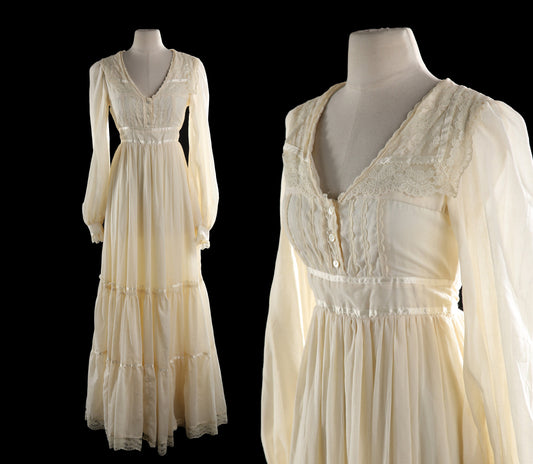 Vintage Prairie Dress with Lace Collar Details Western Boho - Estimated Era 1970's - 1980's