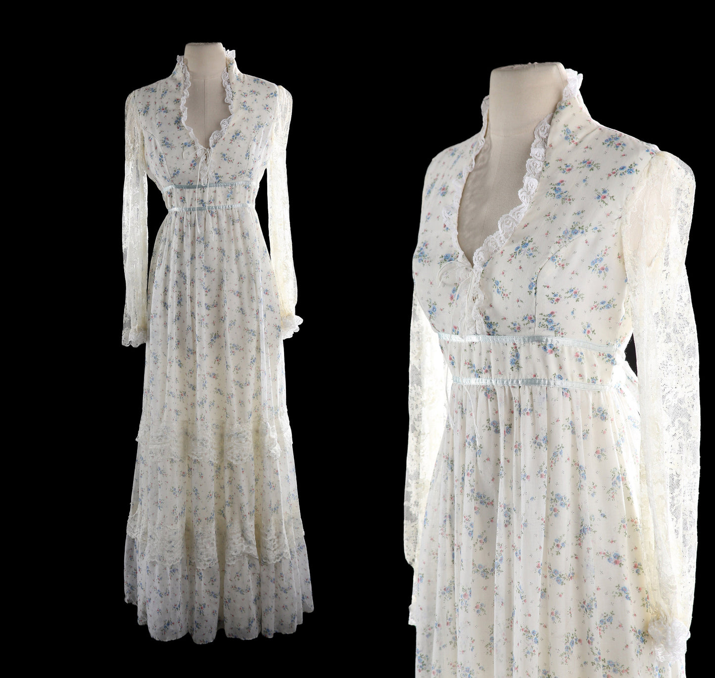 Vintage White Prairie Dress with Blue Floral Print Pattern and White Lace Sleeves - Estimated Era 1970's - 1980's - Western Boho Maxi Summer