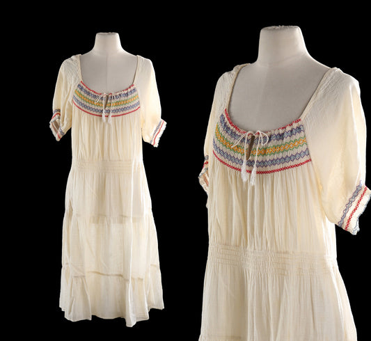 Vintage White Boho Dress - Estimated Era 1970's - 1980's