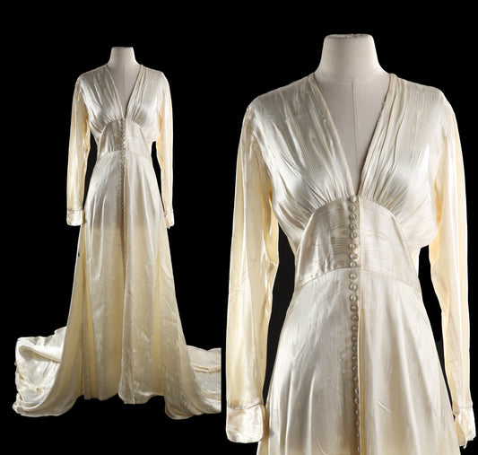 Vintage Women's Red Carpet Elegant V Neck Beige Long Dress - Estimated Era 1940's - 1950's Hollywood Galla Ball Gown