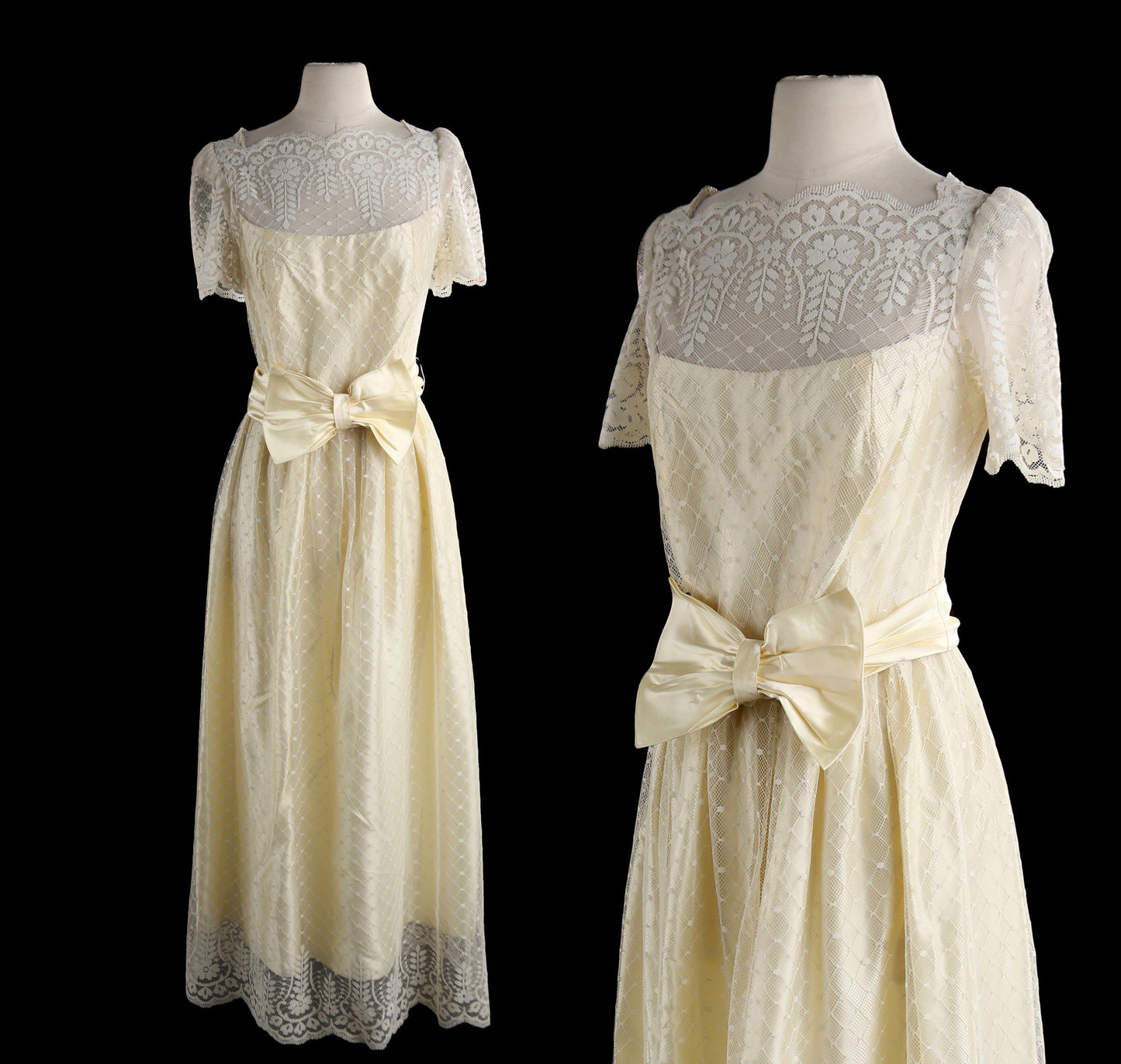 1980's Women's Yellow Lace Evening Prom Dress Made in USA Long Elegant Floral Fabric Patter