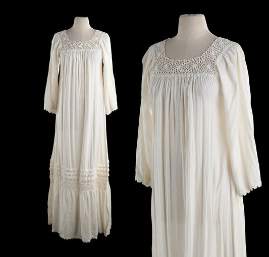 Vintage White Blouson Dress Muumuu - Estimated Era 1970's - 1980's