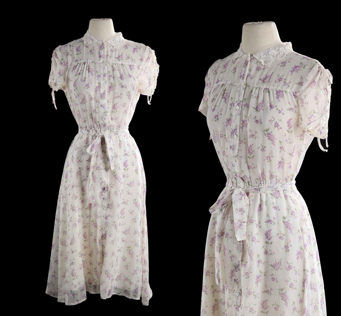 Vintage Floral Print White Summer Dress Sheer Maxi Waist Wrap Belt
