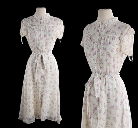 Vintage Floral Print White Summer Dress Sheer Maxi Waist Wrap Belt