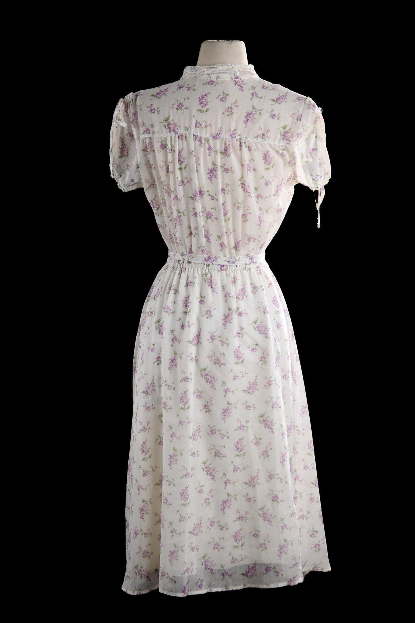 Vintage Floral Print White Summer Dress Sheer Maxi Waist Wrap Belt