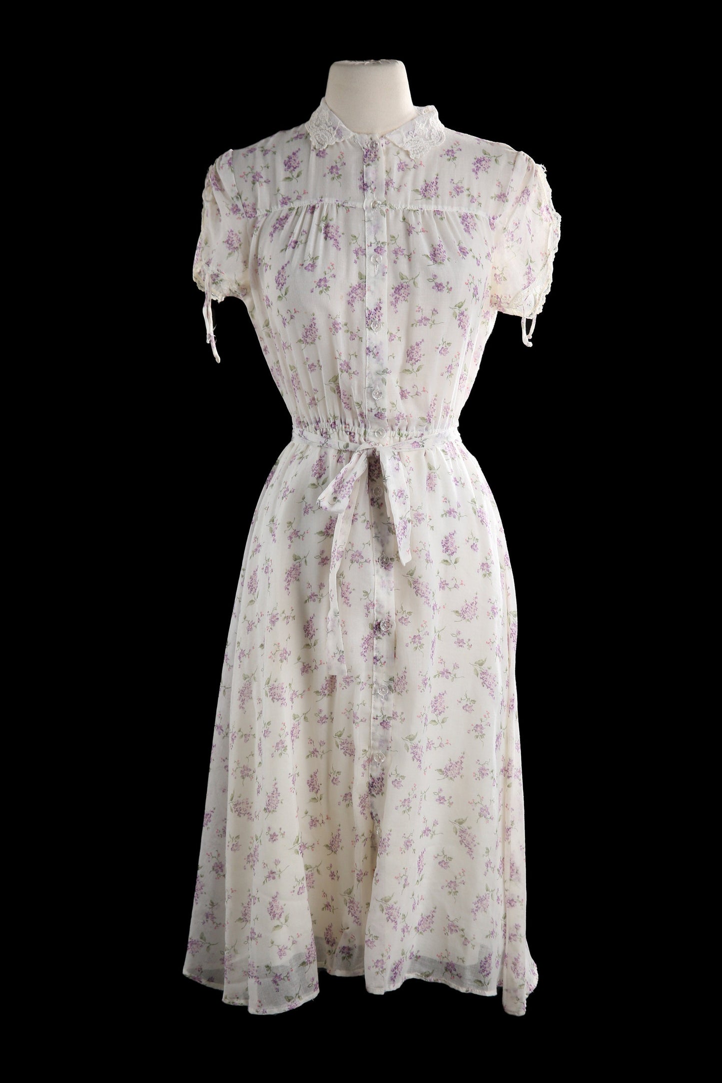 Vintage Floral Print White Summer Dress Sheer Maxi Waist Wrap Belt