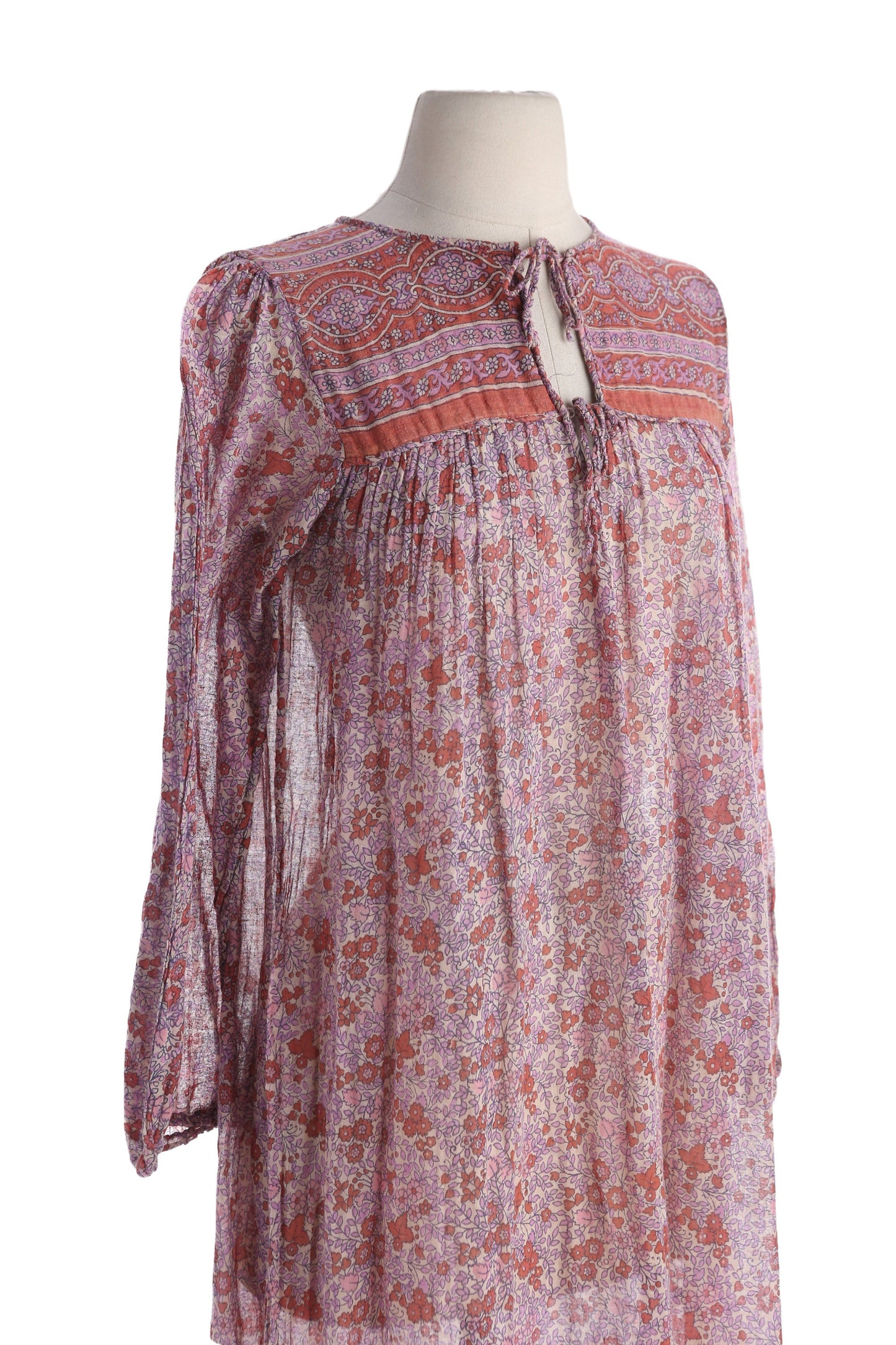 Vintage Floral Print Boho Long Sleeve Sheer Dress- Made in India