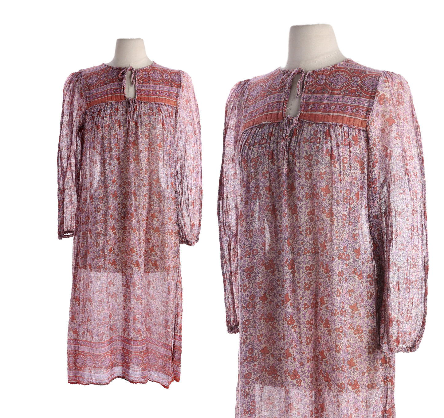 Vintage Floral Print Boho Long Sleeve Sheer Dress- Made in India
