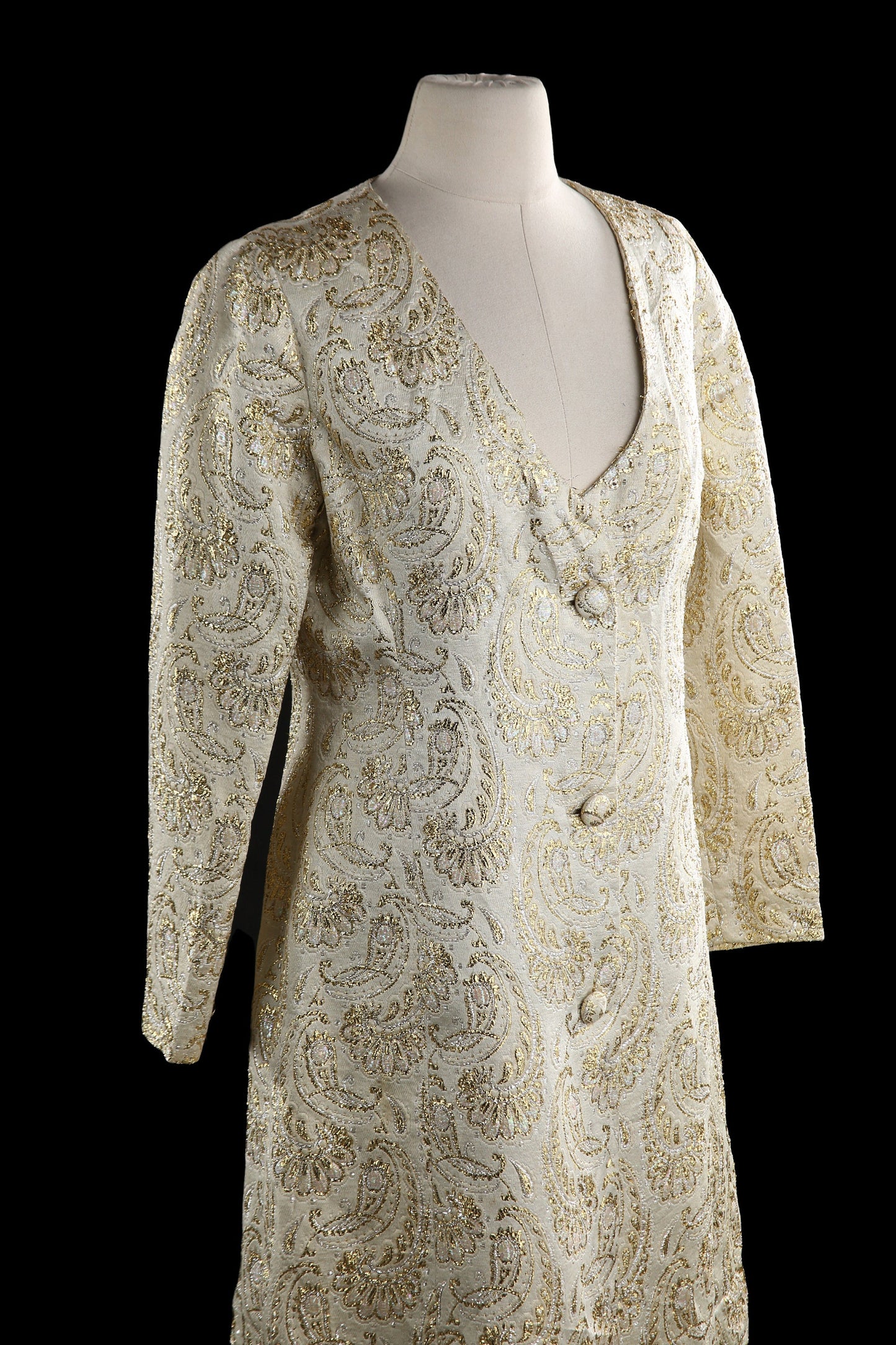 Vintage Button Down Dress with Golden Paisley Fabric Pattern - Estimated Era 1960' - 1970's
