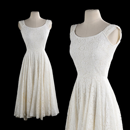 Vintage White Lace Evening Dress Cocktail Sleeveless Fit and Flare
