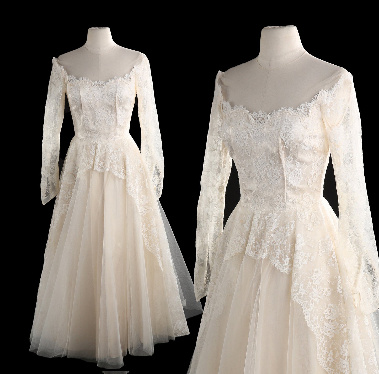 Vintage Wedding Dress - Lace Sleeves - Off Shoulder Collar - 1940's - 1960's White Floral Patter Fabric - BOX A093