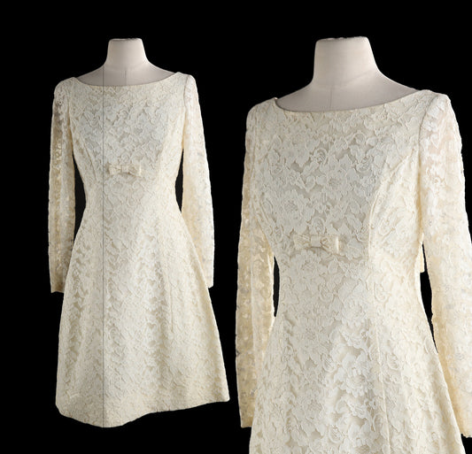 Vintage Women's White Lace Dress - 1960's - 1970's - Evening Casual Dress