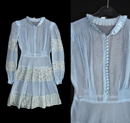 Vintage Women's Blue Sheer Dress with White Lace Patchwork Details - Estimated Era 1930's - 1940's