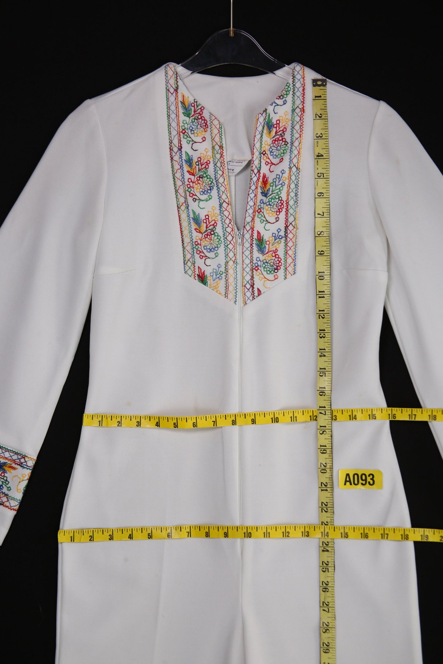 Vintage White Poly Jumpsuit with Embroidered Flower Chest Detail - Estimated Era 1970's - 1980's